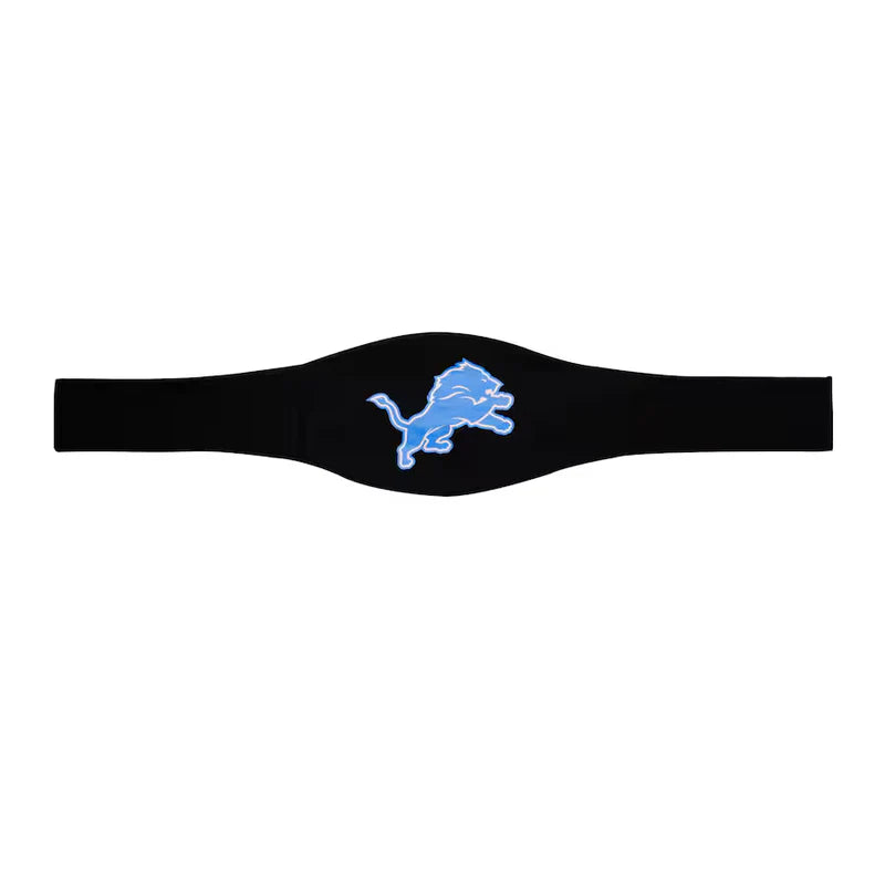 Black sweatband with a blue logo on a white background