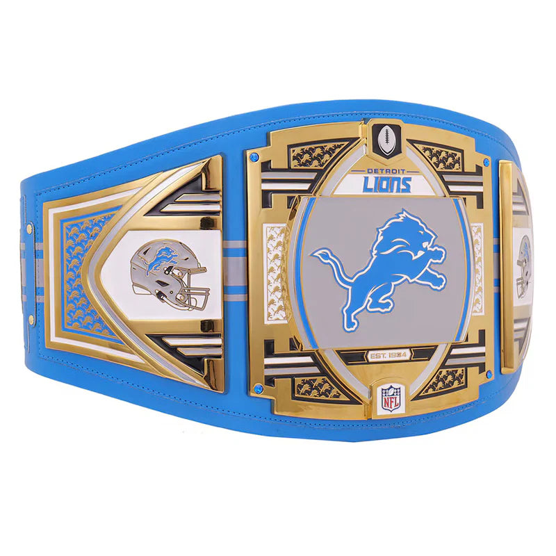 Decorative championship belt with Detroit Lions logo on a white background