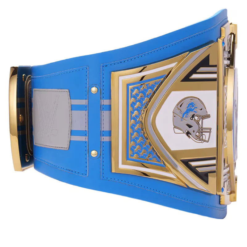 Blue championship belt with gold and white accents on a white background