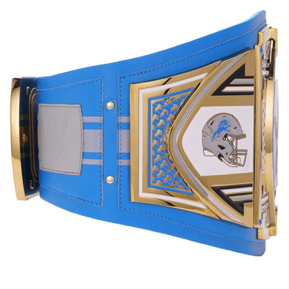 Blue championship belt with gold and white accents on a white background