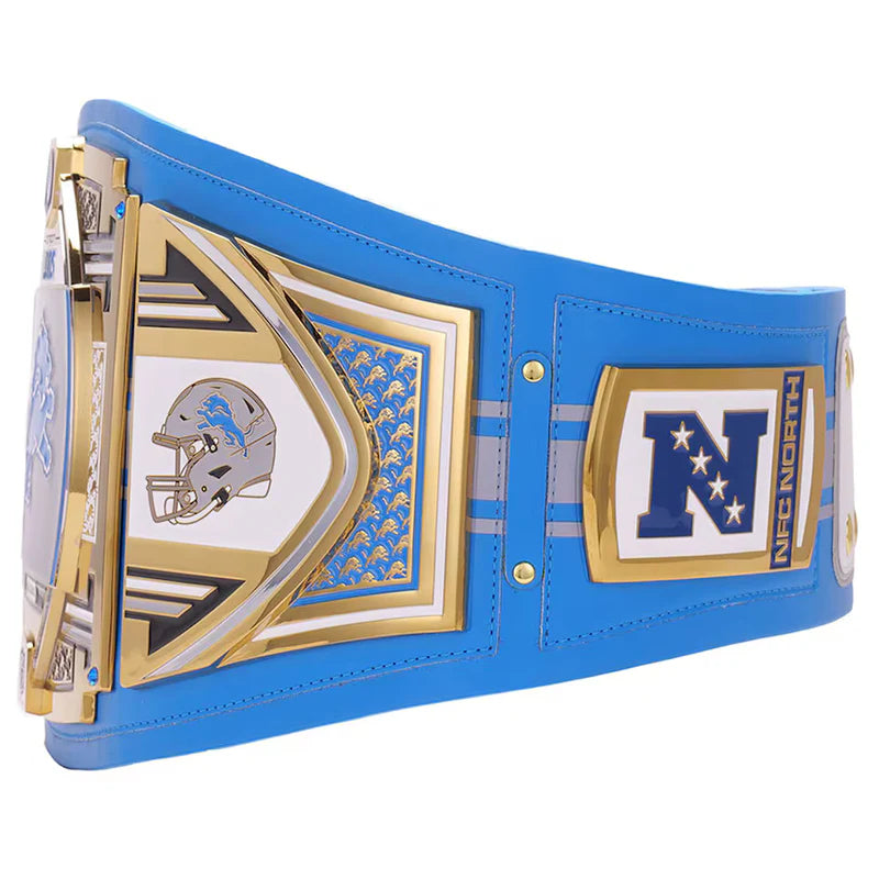 Blue championship belt with gold and white details on a white background