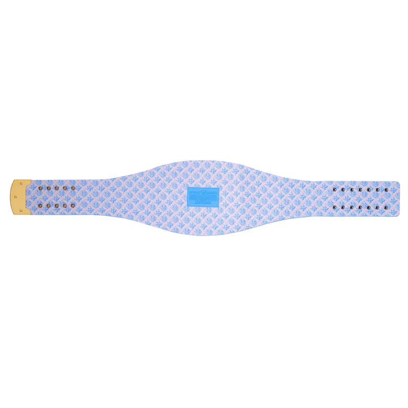 Blue patterned belt with a gold buckle on a white background