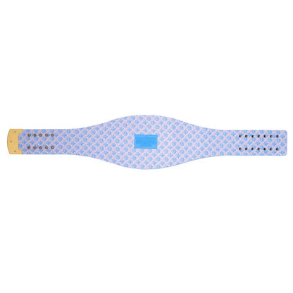 Blue patterned belt with a gold buckle on a white background