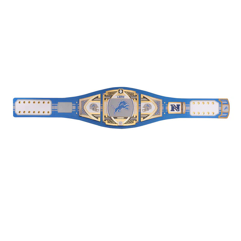 Wrestling championship belt with blue and gold design on a white background