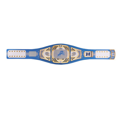 Wrestling championship belt with blue and gold design on a white background
