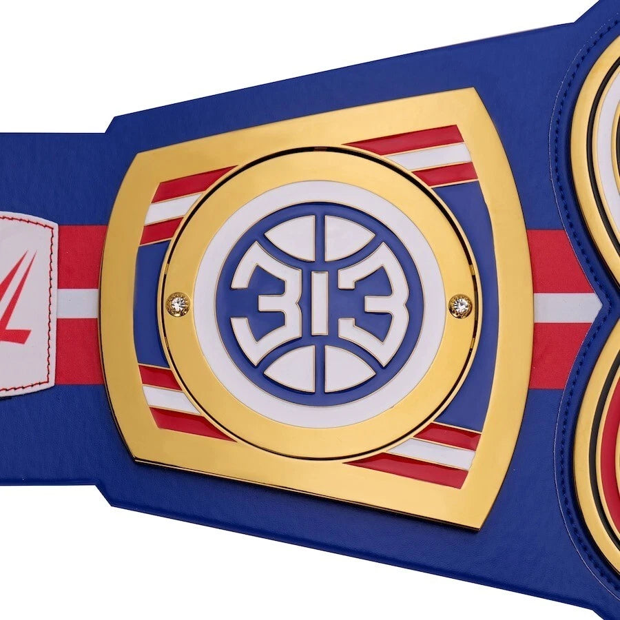 Blue championship belt with gold buckle featuring a logo on a white background