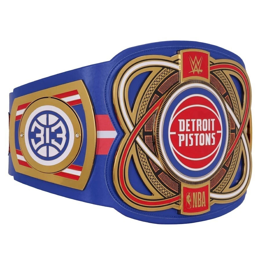 WWE championship belt with Detroit Pistons and NBA logos on a white background