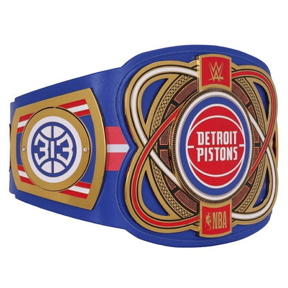 WWE championship belt with Detroit Pistons and NBA logos on a white background