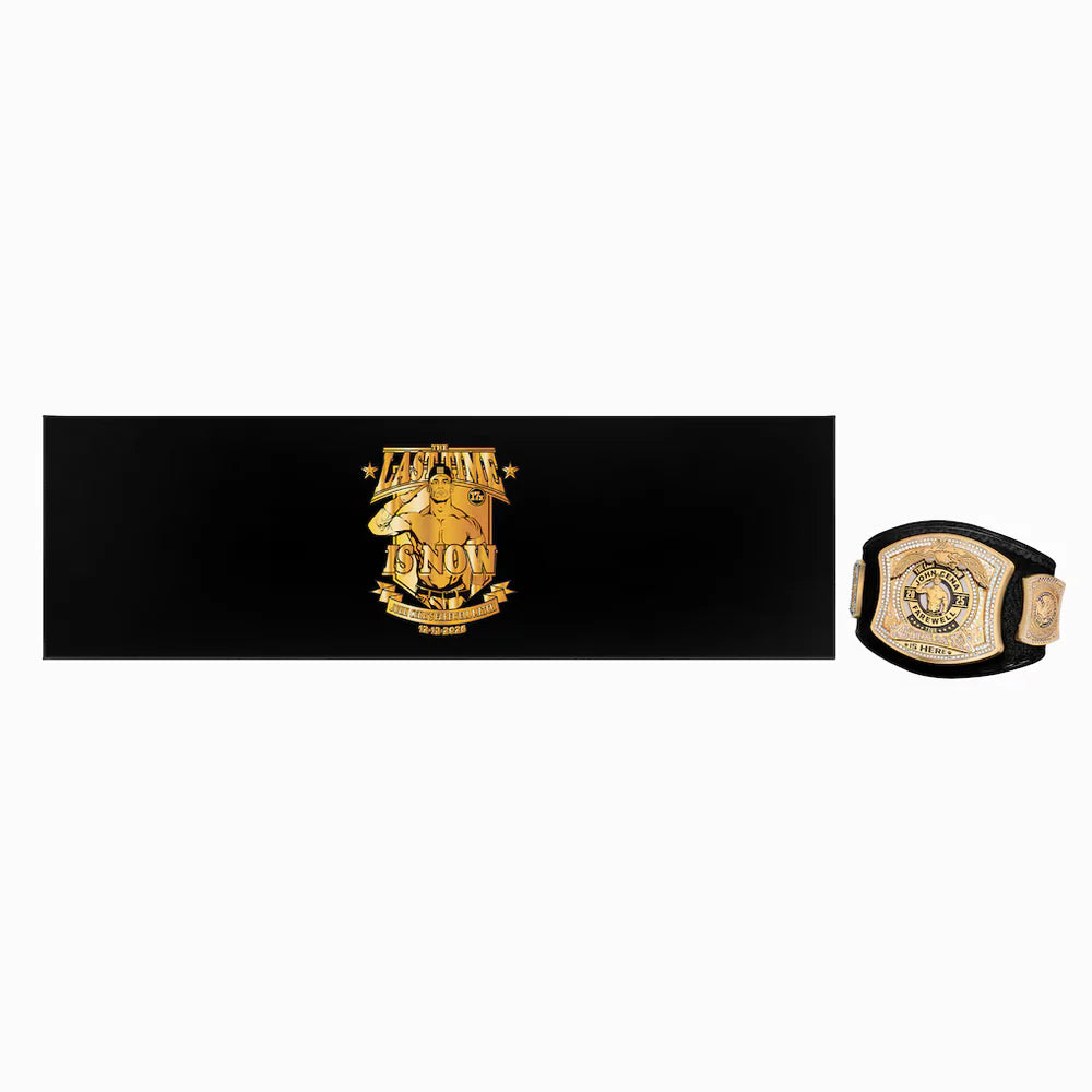 Black belt with gold emblem and a matching gold buckle on a white background