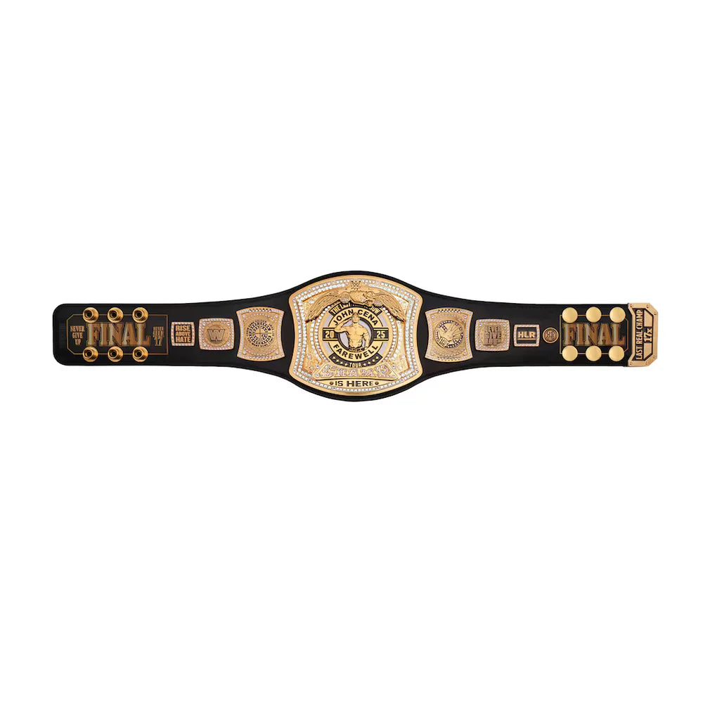 Black championship belt with gold accents on a white background