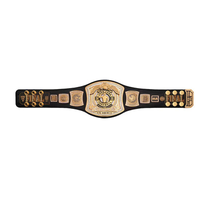 Black championship belt with gold accents on a white background