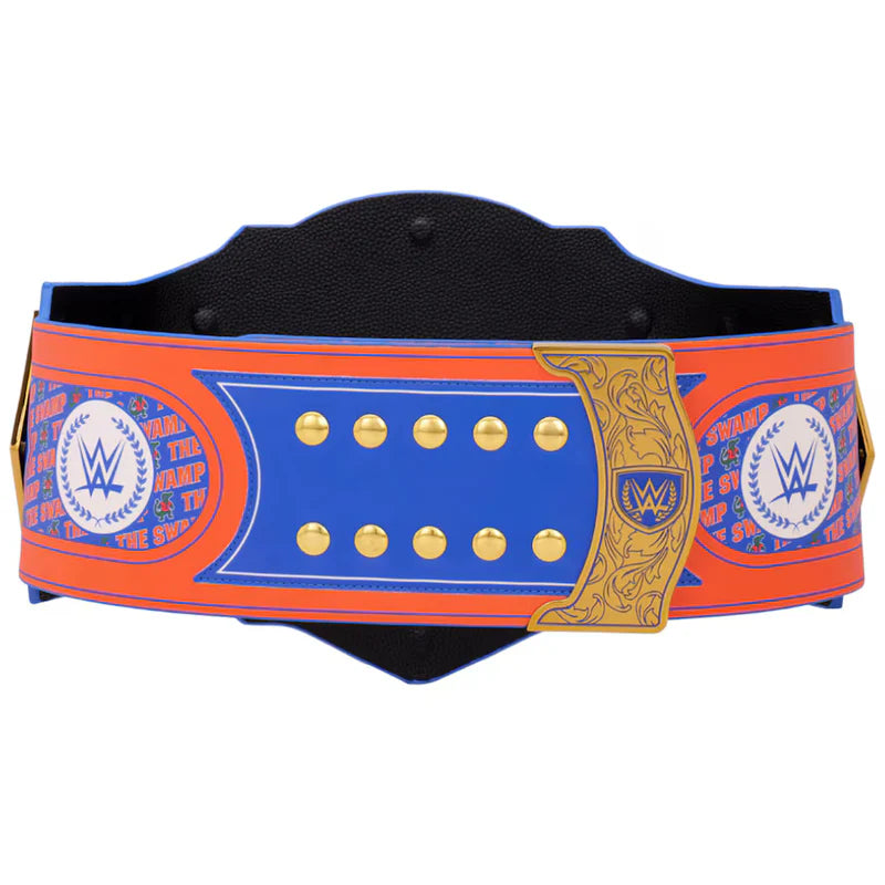 Wrestling championship belt with blue and orange design on a white background