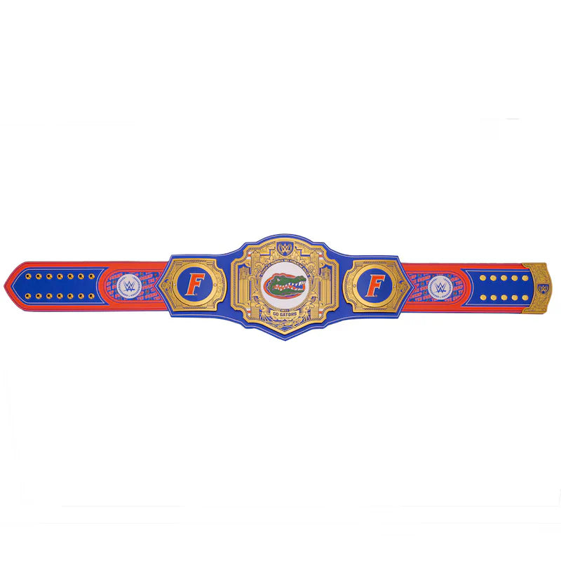 Colorful championship belt with logos on a white background
