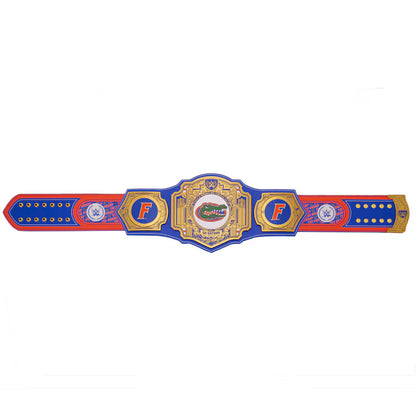 Colorful championship belt with logos on a white background