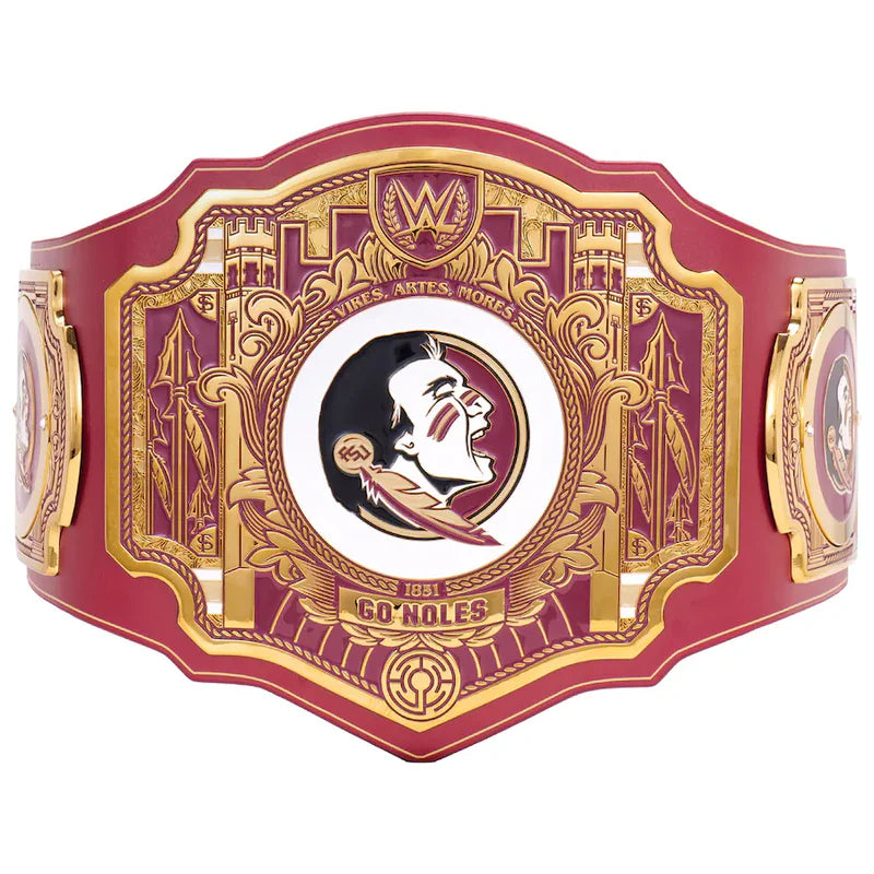 Red and gold championship belt with logo on a white background