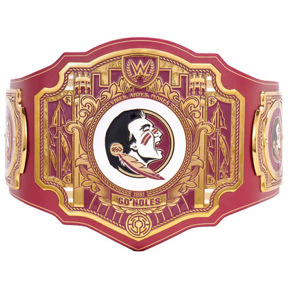 Red and gold championship belt with logo on a white background