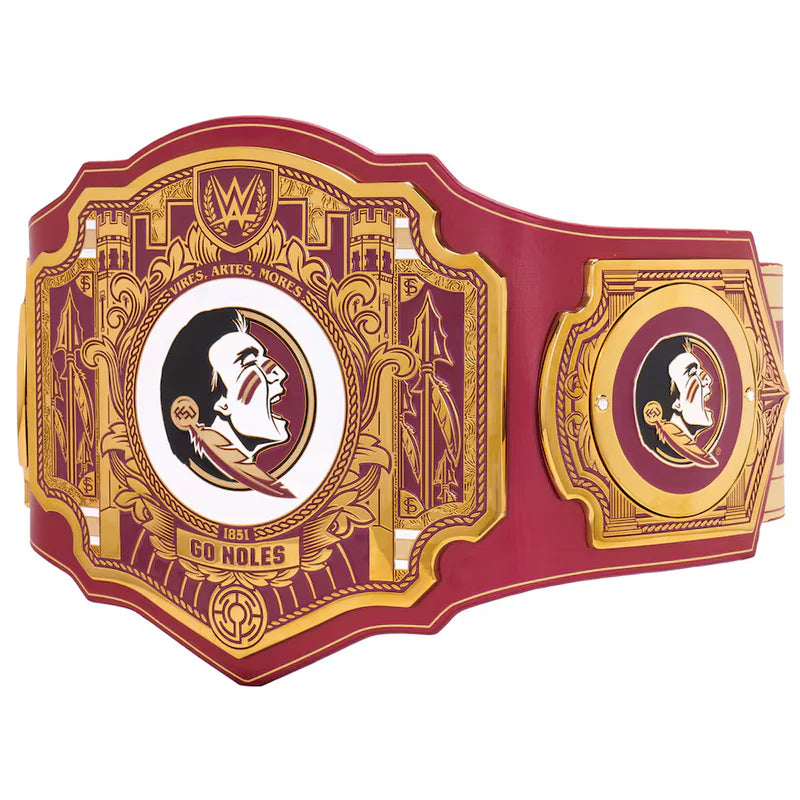 Red and gold championship belt with decorative elements on a white background