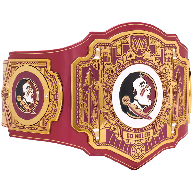 Decorative belt with gold and red design featuring a logo and text on a white background