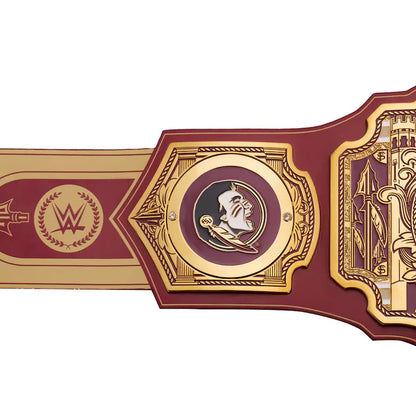 Decorative belt with gold and red design on a white background