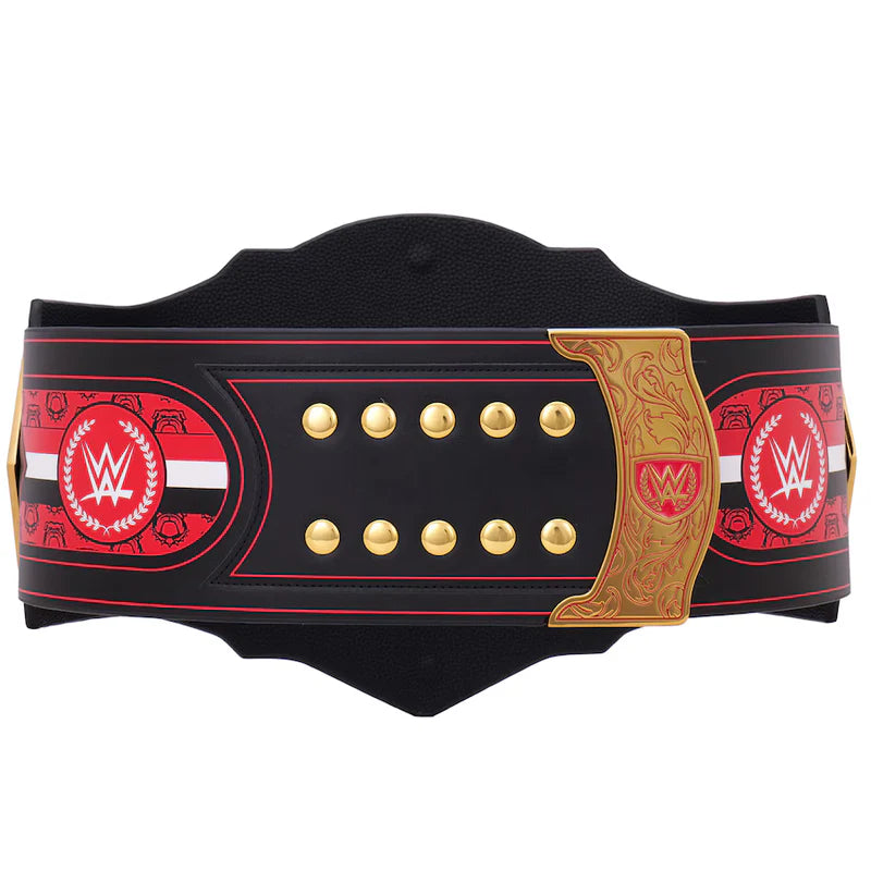 Black championship belt with red and gold accents on a white background