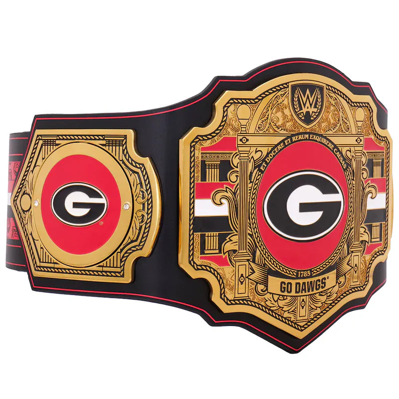 Black championship belt with red and gold accents featuring a prominent 'G' logo on a white background.