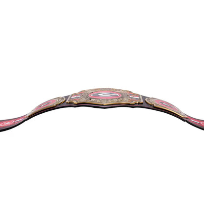 Decorative belt with pink and gold design on a white background