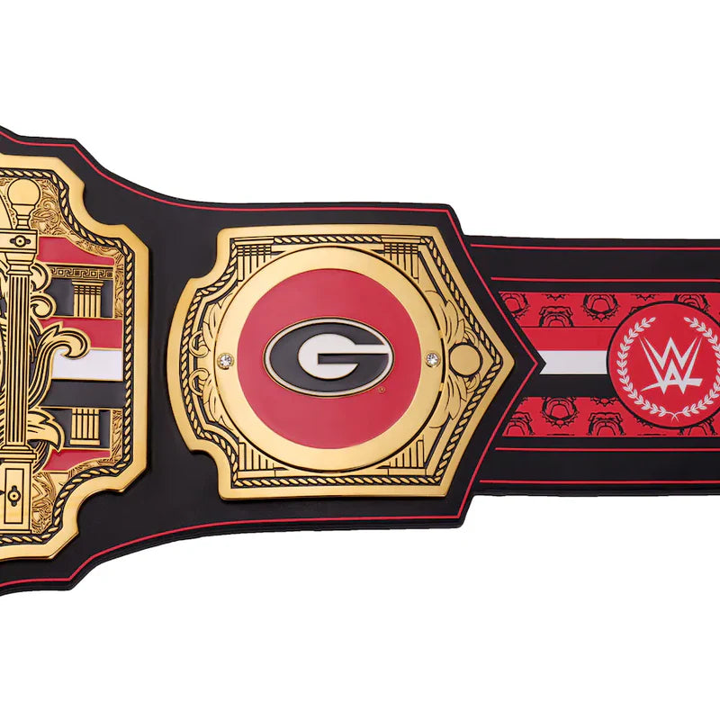 Wrestling championship belt with red, black, and gold design on a white background 