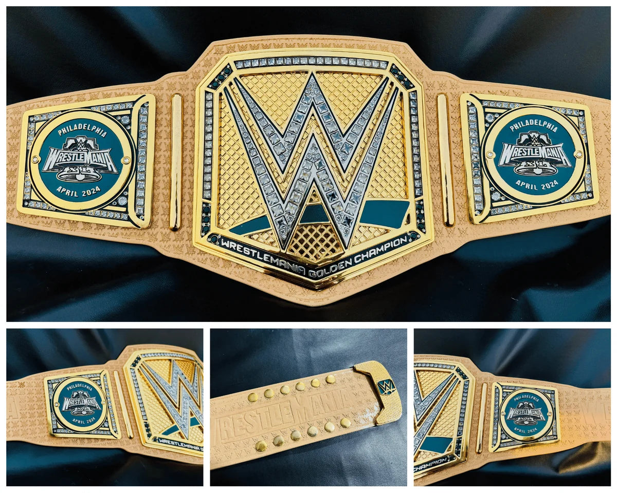 Collage of a WWE championship belt with close-up details on a dark background