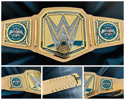 Collage of a WWE championship belt with close-up details on a dark background