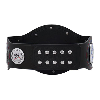 Black championship belt with silver studs and WWE logo on a white background