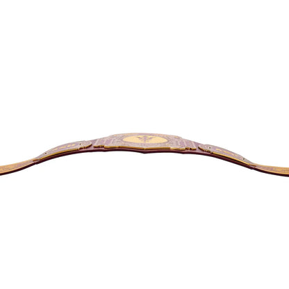A close-up of a brown leather championship belt with gold-toned hardware and a central gold emblem, shown against a plain white background.