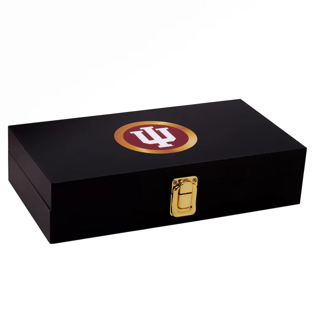 Black jewelry box with a gold clasp and logo on a white background Indiana Hoosiers 16MM Replica Side Plates with Deluxe Display Box