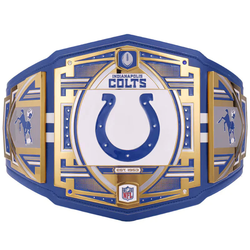Indy Colts championship belt with blue and gold design on a white background