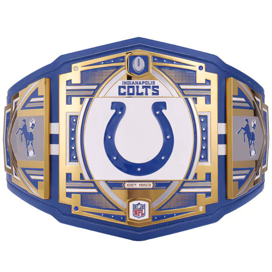 Indy Colts championship belt with blue and gold design on a white background