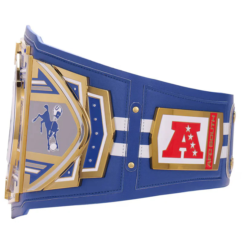 Blue championship belt with gold, red, and white accents on a white background