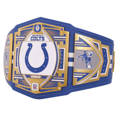 Indy Colts championship belt with blue, gold, and white design on a white background