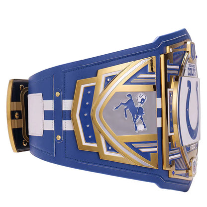 Blue and gold championship belt with logo on a white background