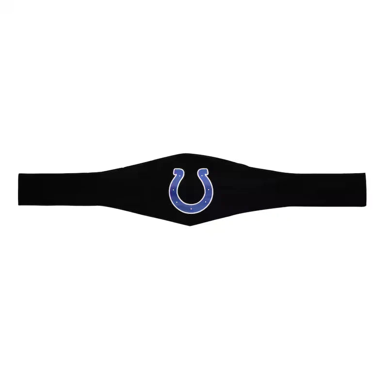 Black sweatband with a blue logo on a white background
