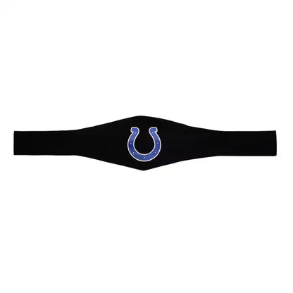 Black sweatband with a blue logo on a white background