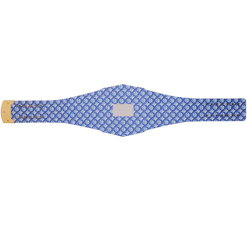 Blue patterned belt with a gold buckle on a white background
