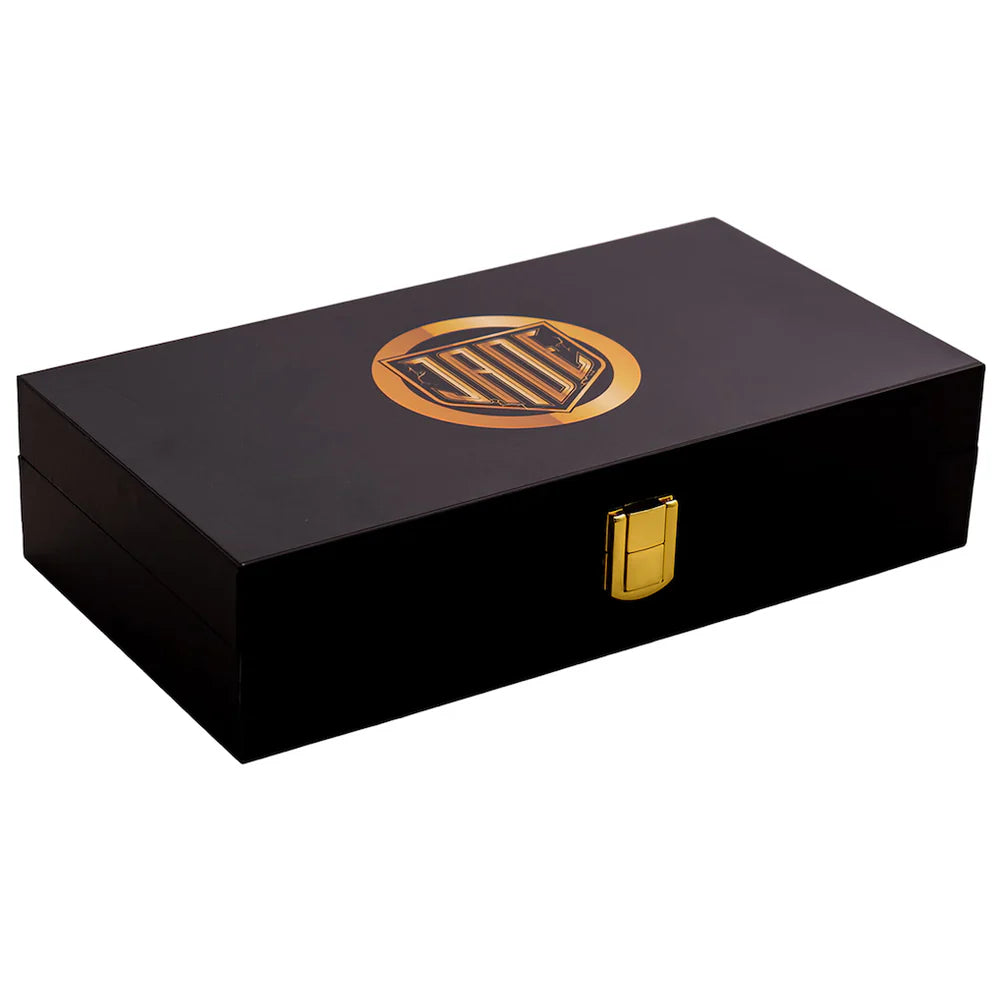 Black jewelry box with gold emblem and clasp on a white background Jade Cargill 16MM Replica Side Plate Box Set