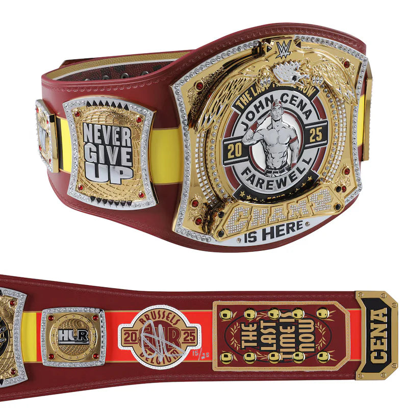 Wrestling championship belt with text and logos on a white background