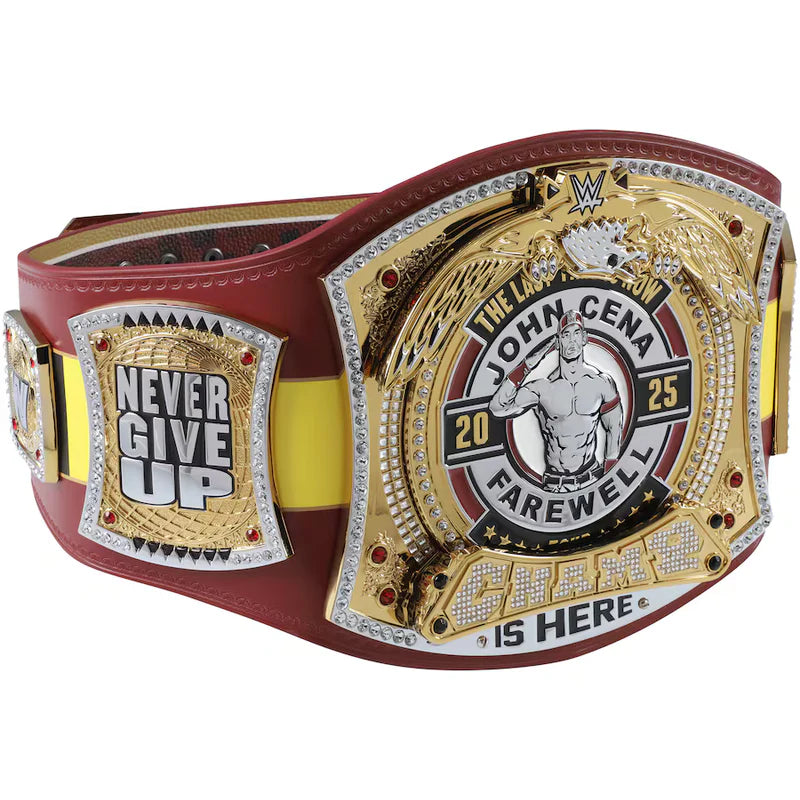 Wrestling championship belt with 'Never Give Up' and 'John Cena Farewell' text on a white background