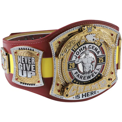 Wrestling championship belt with 'Never Give Up' and 'John Cena Farewell' text on a white background