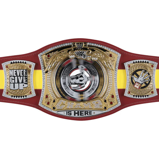 Wrestling championship belt with red, yellow, and gold colors on a white background