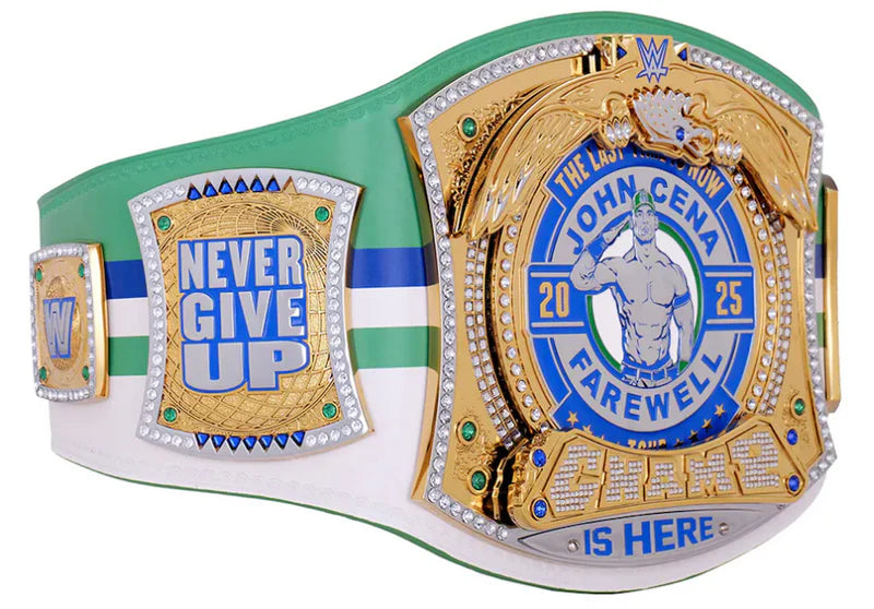 Wrestling championship belt with 'Never Give Up' and 'John Cena Farewell' text on a white background