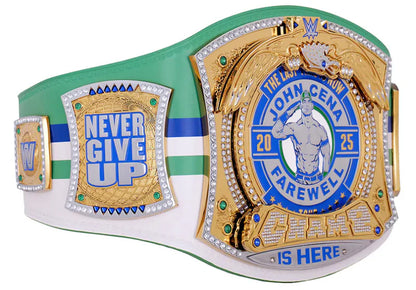 Wrestling championship belt with 'Never Give Up' and 'John Cena Farewell' text on a white background