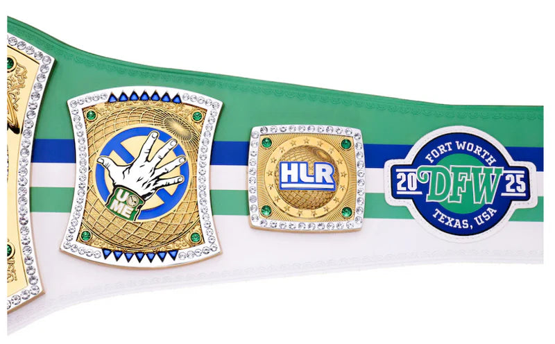 John Cena Farewell Tour 2025 Championship belt with logos and text on a green and blue striped background