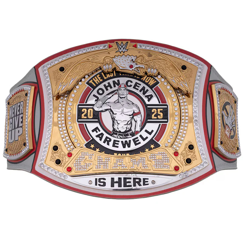Wrestling championship belt with 'John Cena Farewell' text on a white background