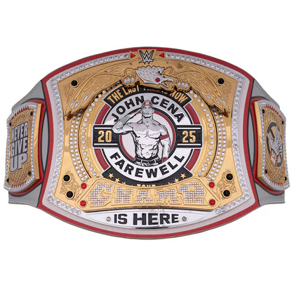 Wrestling championship belt with 'John Cena Farewell' text on a white background